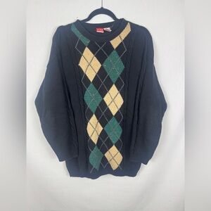 liz & co. Black Sweater with Green and Cream Argyle